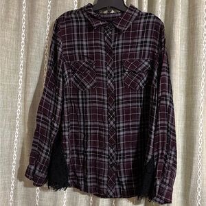 Plaid Button-Up Shirt with Lace Accents